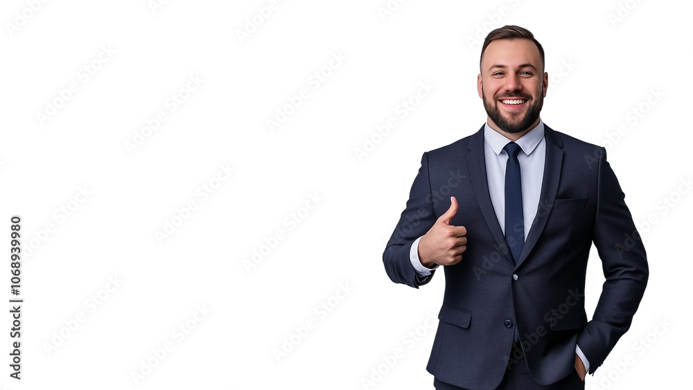 Businessman smiling and showing thumbs up,business approval,white background,copy space,banner. Businessman smiling and showing thumbs up,business approval,white background,copy space,banner.