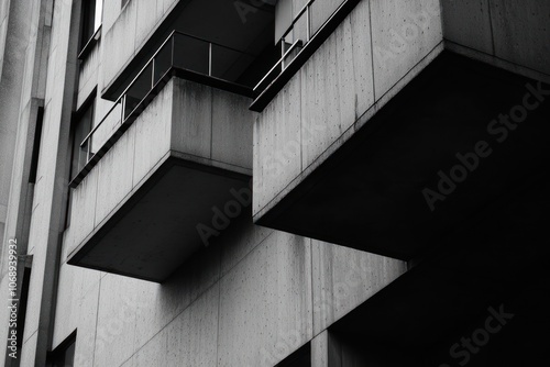 Abstract view of a modern building with protruding balconies and textured concrete surfaces.