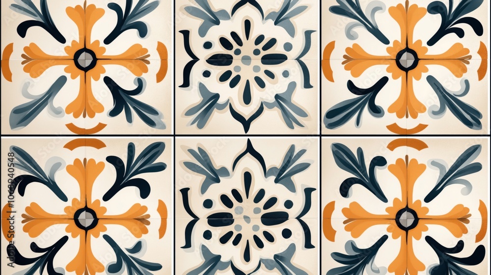 Abstract geometric pattern featuring symmetrical designs in orange, blue, and black on a light background, resembling decorative ceramic tiles. Abstract geometric pattern featuring symmetrical designs in orange, blue, and black on a light background, resembling decorative ceramic tiles.