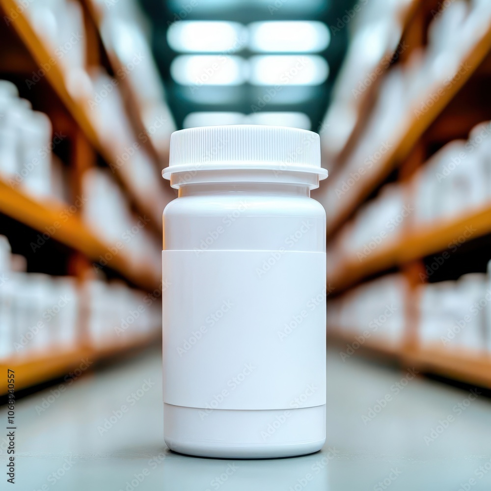 A white prescription bottle stands prominently in a pharmaceutical storage aisle filled with neatly arranged containers. A white prescription bottle stands prominently in a pharmaceutical storage aisle filled with neatly arranged containers.