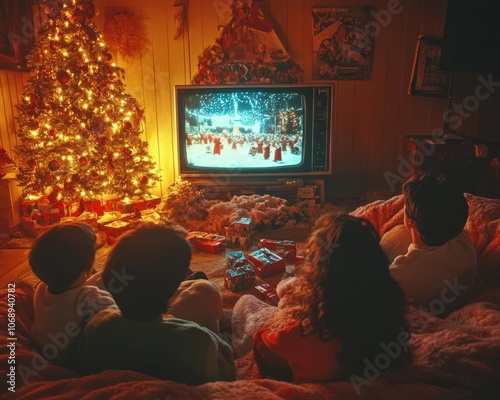 A family gathered around a 1980s TV playing holiday specials, wrapped in blankets with a glowing Christmas tree and VHS tapes scattered around, evoking holiday nostalgia