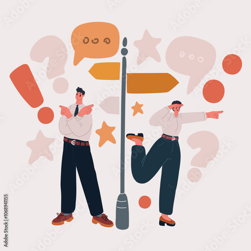 Cartoon vector illustration of a business team deciding on a direction, with a signpost and arrows pointing different ways