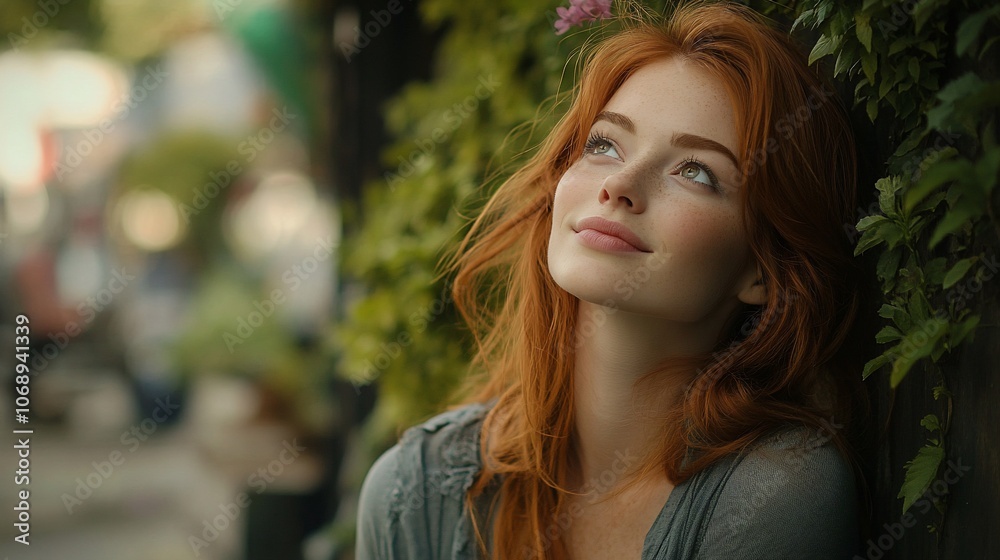 Obraz premium A young woman with red hair smiles as she looks up at the sky.