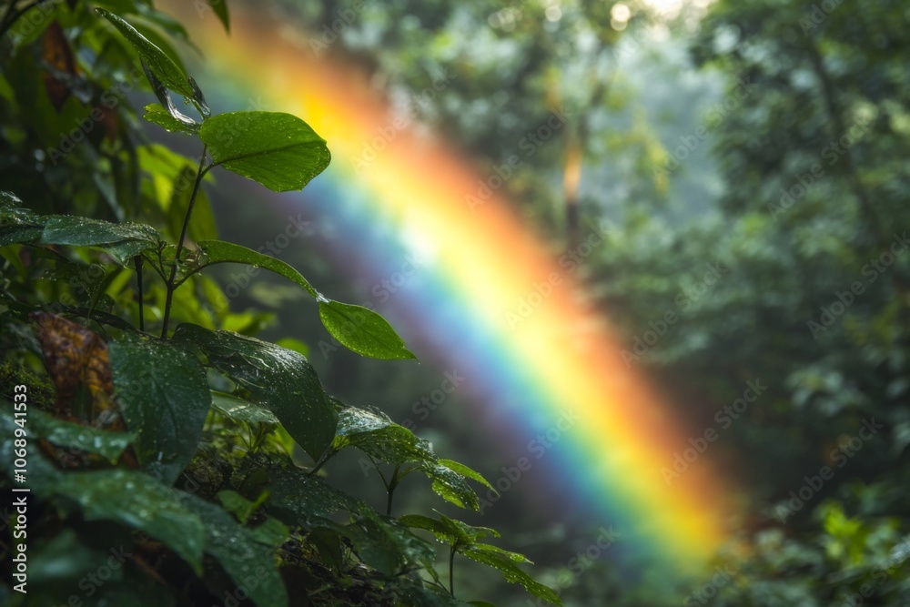 Fototapeta premium Rainbow Through Green Leaves After Rain