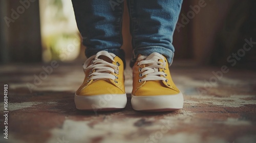 Close-up of yellow sneakers on a person's feet with blue jeans, standing on a worn-out wooden floor.