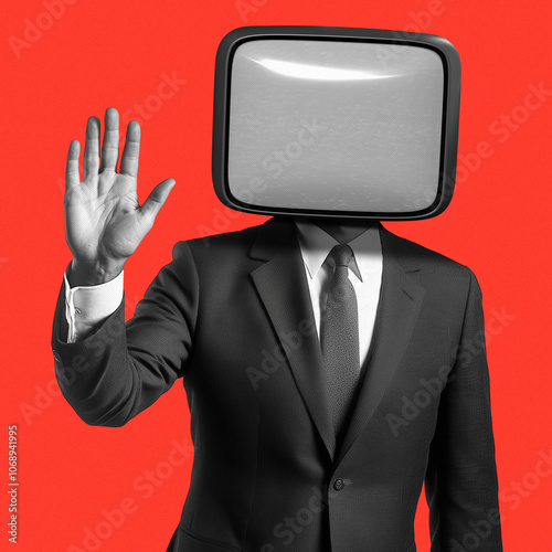 Retro man with television head on red background. Vintage man with television head. Retro collage featuring a man in a suit with a retro TV for a head. Retro collage for presentation. Media commentary