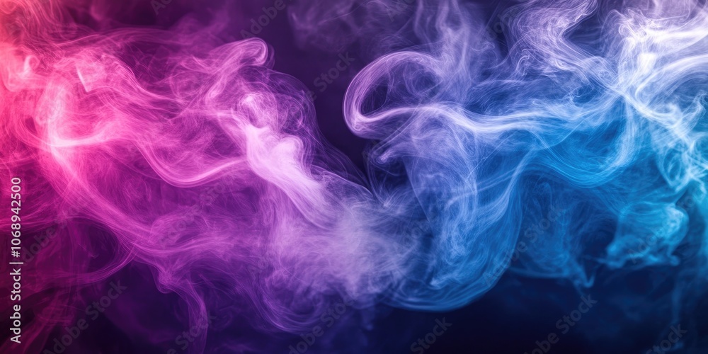 Swirling smoke in shades of purple and blue contrasts strikingly with a dark backdrop, creating a captivating visual display of colors against the deep dark.