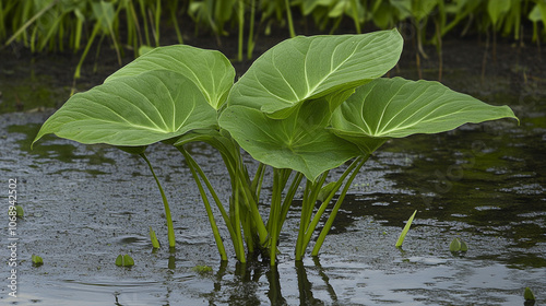 Close-Up of Arrow Arum in Shallow Marsh Water – Ultra-Realistic 8K Image photo