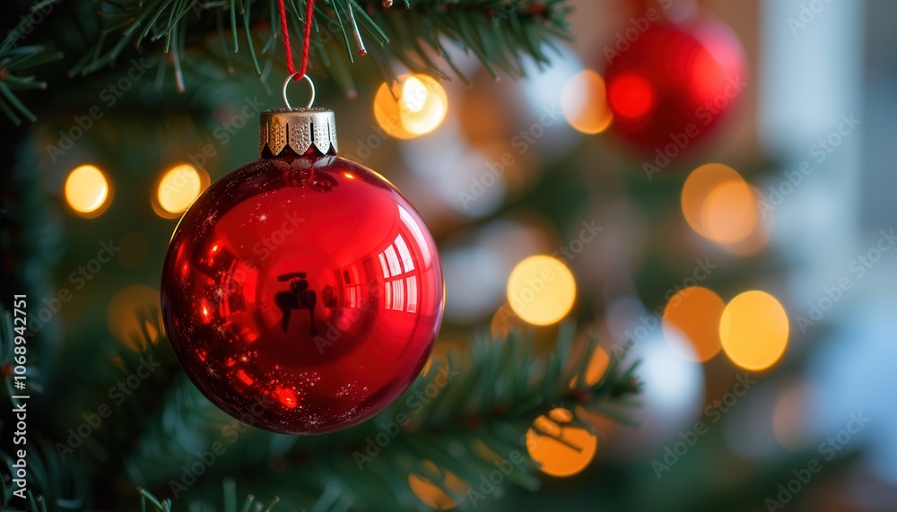 Glossy Red Ornament on Christmas Tree Glossy Red Ornament on Christmas Tree