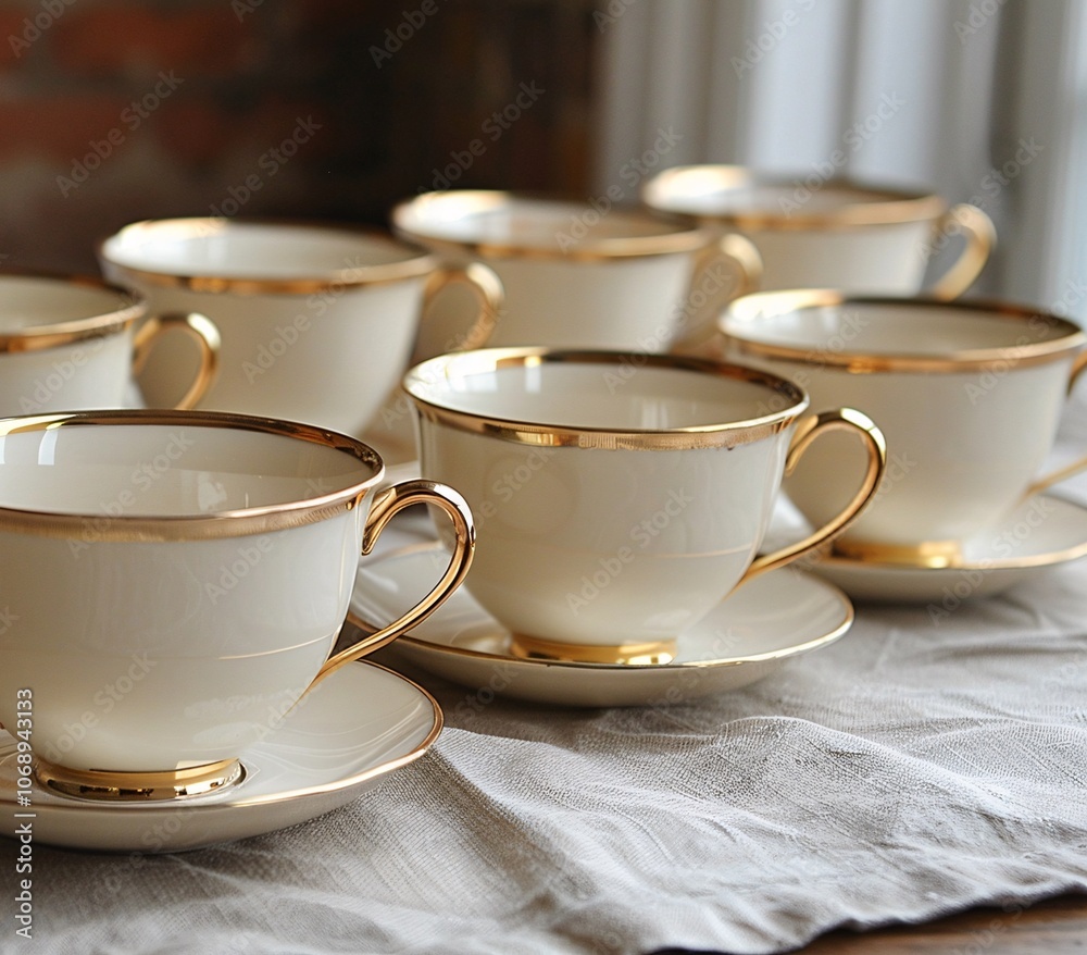 Fototapeta premium A collection of exquisite white teacups with golden rims and matching saucers are arranged neatly on a soft linen cloth, illuminated by natural light from a nearby window