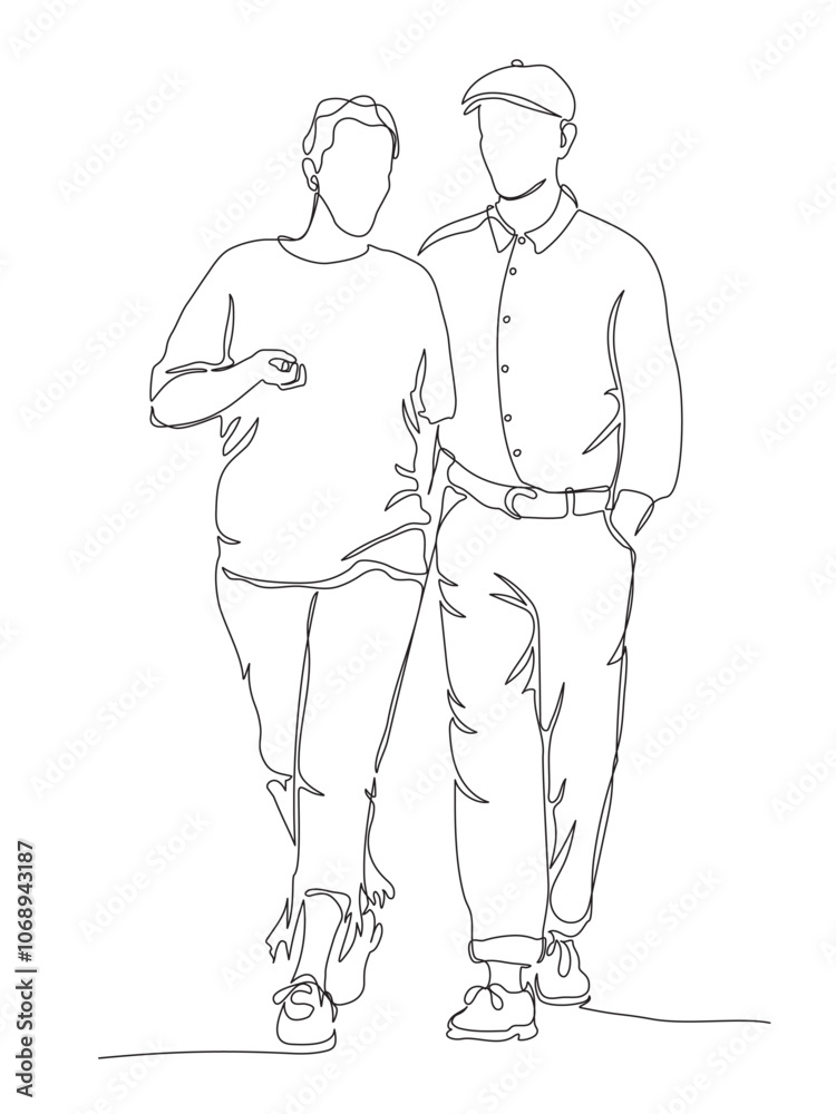 Couple talking and walking. Man in cap. Continuous line drawing. Black and white vector illustration in line art style. Couple talking and walking. Man in cap. Continuous line drawing. Black and white vector illustration in line art style.
