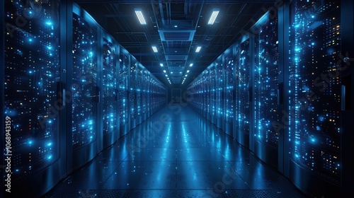 Futuristic Data Center with Illuminated Server Racks