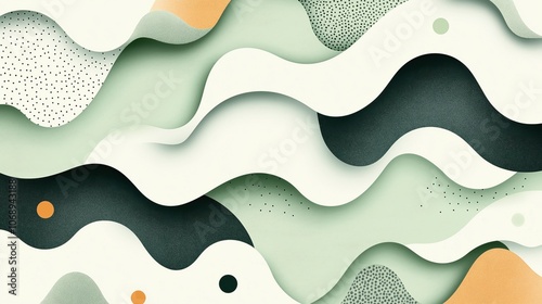 Abstract wavy layered paper art with playful geometric shapes in green, white, and orange tones, featuring dotted patterns and organic forms photo