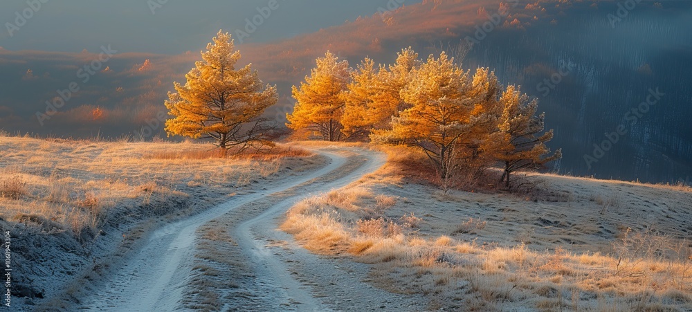 Naklejka premium A winding dirt road leads through a serene landscape with golden pine trees. The ground is frosted, and the warm light of the sun casts a soft glow on the scene, creating a peaceful autumn atmosphere.