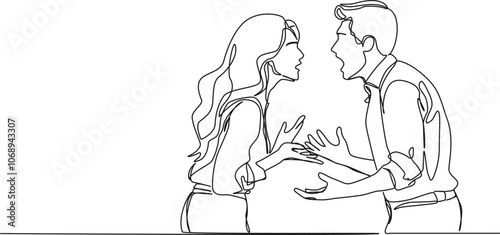 continuous single line drawing of couple arguing and yelling at each other, line art vector illustration
