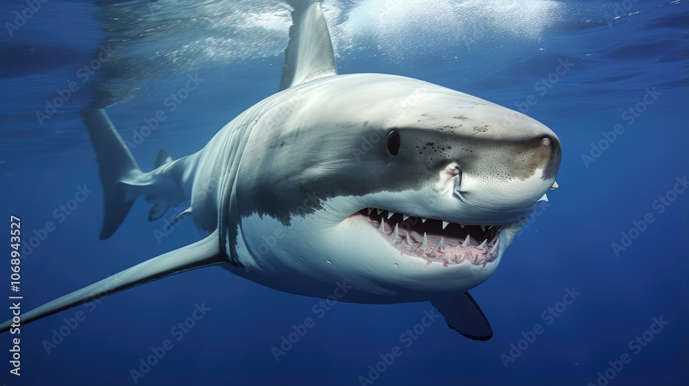 Fototapeta premium Majestic Great White Shark in Crystal Blue Waters