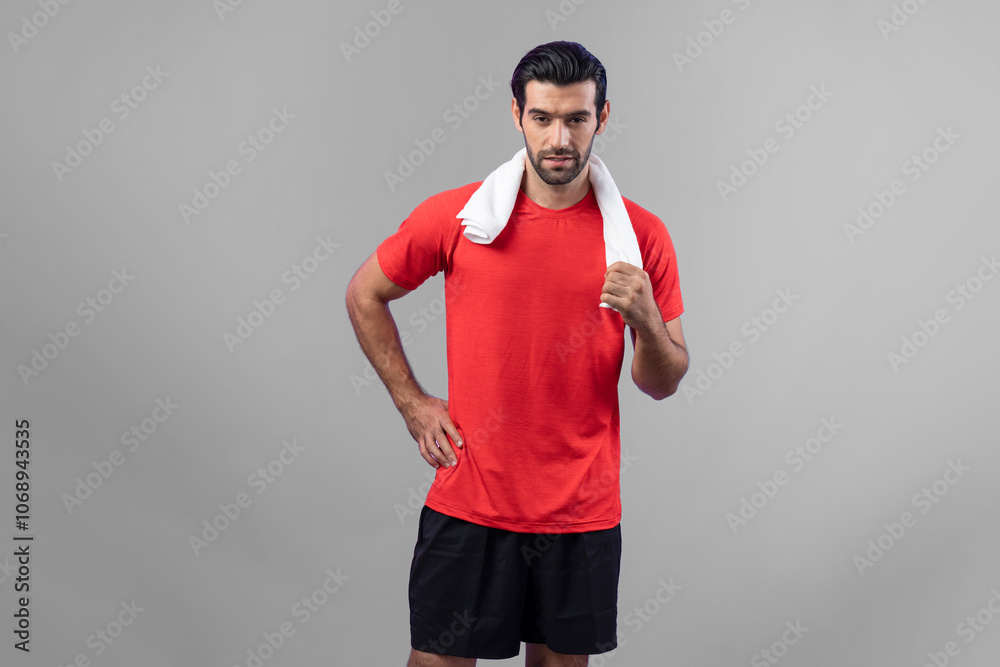 Full body length gaiety shot athletic and sporty young man in fitness exercise posture on isolated background. Healthy active and body care lifestyle. Full body length gaiety shot athletic and sporty young man in fitness exercise posture on isolated background. Healthy active and body care lifestyle.