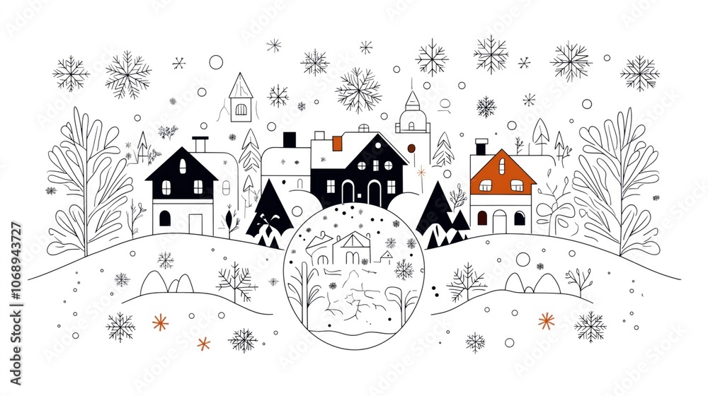 Minimalist winter village scene with snow-covered houses, trees, and snowflakes. The illustration features a black and white color scheme with orange accents. A snow globe design is central. Minimalist winter village scene with snow-covered houses, trees, and snowflakes. The illustration features a black and white color scheme with orange accents. A snow globe design is central.