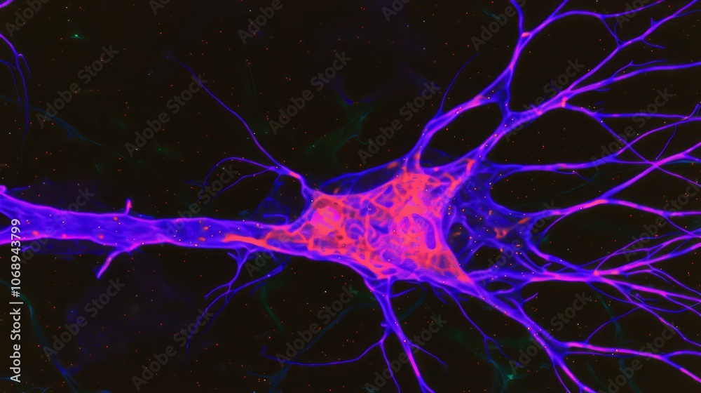 Close-up of neuron with glowing purple pink colors human brain cells medical science
Close-up of neuron with glowing purple pink colors human brain cells medical science