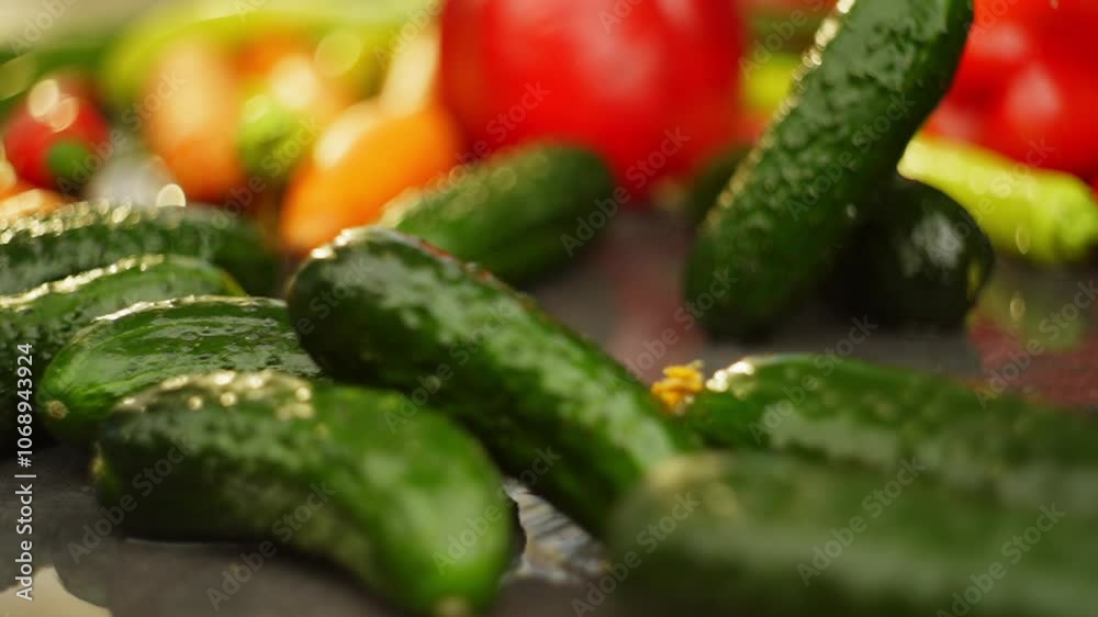 Fresh cucumbers roll into the frame on the table, creating splashes of water. High quality FullHD footage Fresh cucumbers roll into the frame on the table, creating splashes of water. High quality FullHD footage