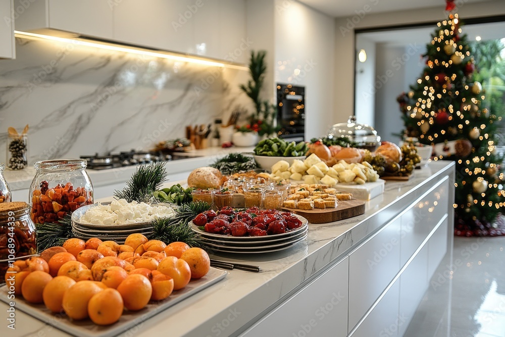 White modern kitchen with with delicious Christmas food served on the kitchen island, decorated with Christmas tree and ornaments White modern kitchen with with delicious Christmas food served on the kitchen island, decorated with Christmas tree and ornaments
