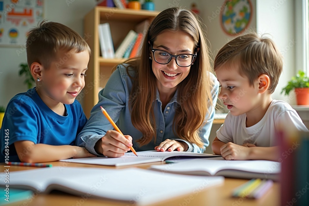 Fototapeta premium Dedicated Teacher Supporting Young Students with Engaging Learning Activities in Early Education