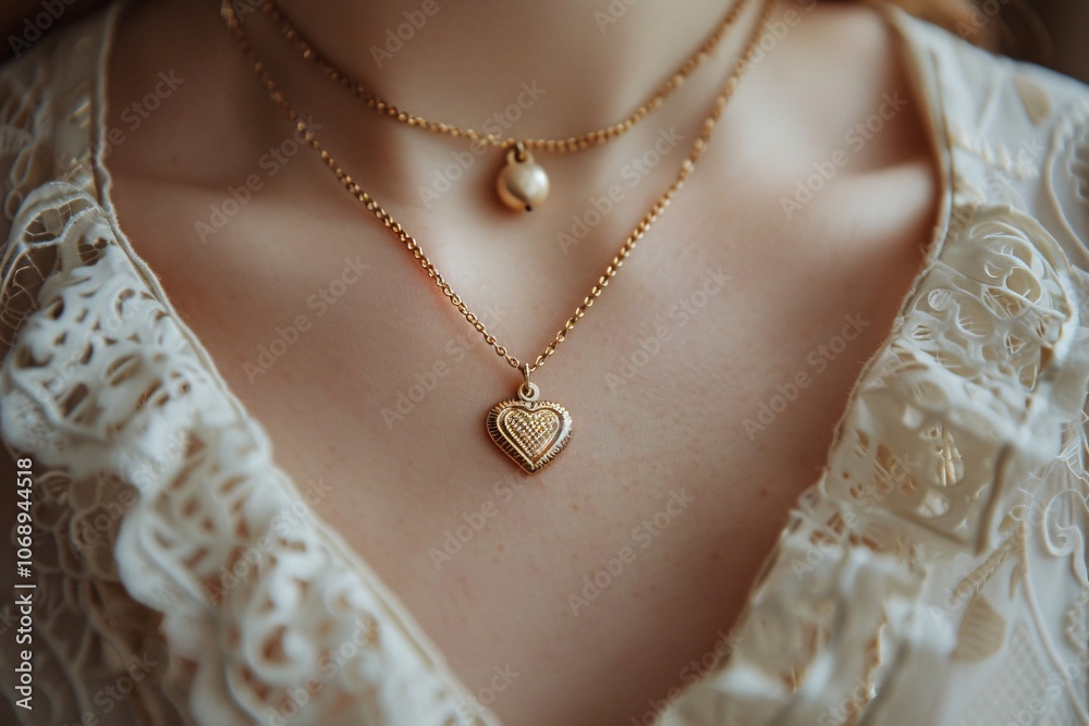 A woman showcases a layered jewelry look featuring a gold heart pendant necklace and a pearl necklace, complemented by a lace blouse. Soft indoor lighting highlights the intricate details A woman showcases a layered jewelry look featuring a gold heart pendant necklace and a pearl necklace, complemented by a lace blouse. Soft indoor lighting highlights the intricate details