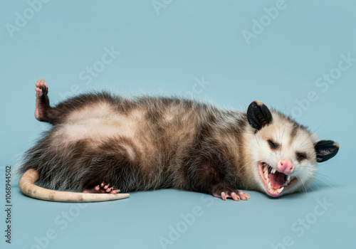 The opossum plays dead. The opossum is pretending to be dead. feigns death. Acting as if it's dead photo