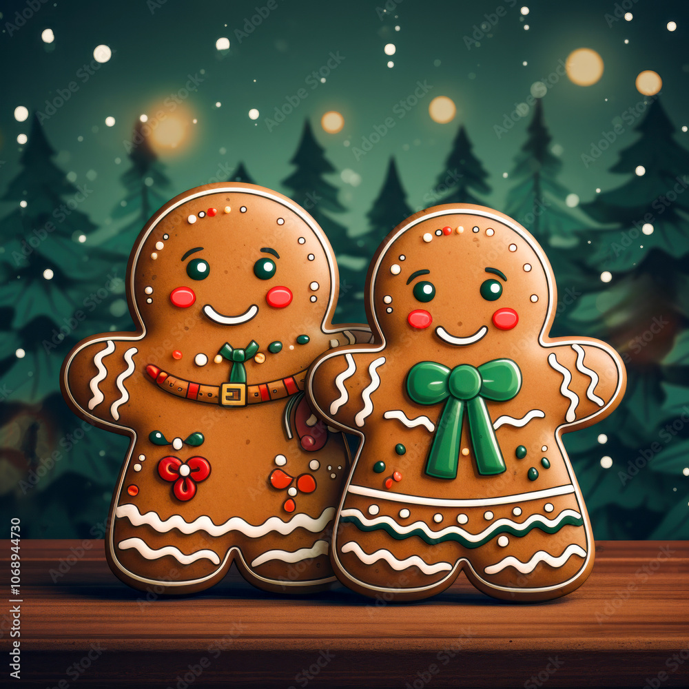 Naklejka premium Gingerbread couple in a festive forest setting, celebrating the holiday season with Christmas cheer