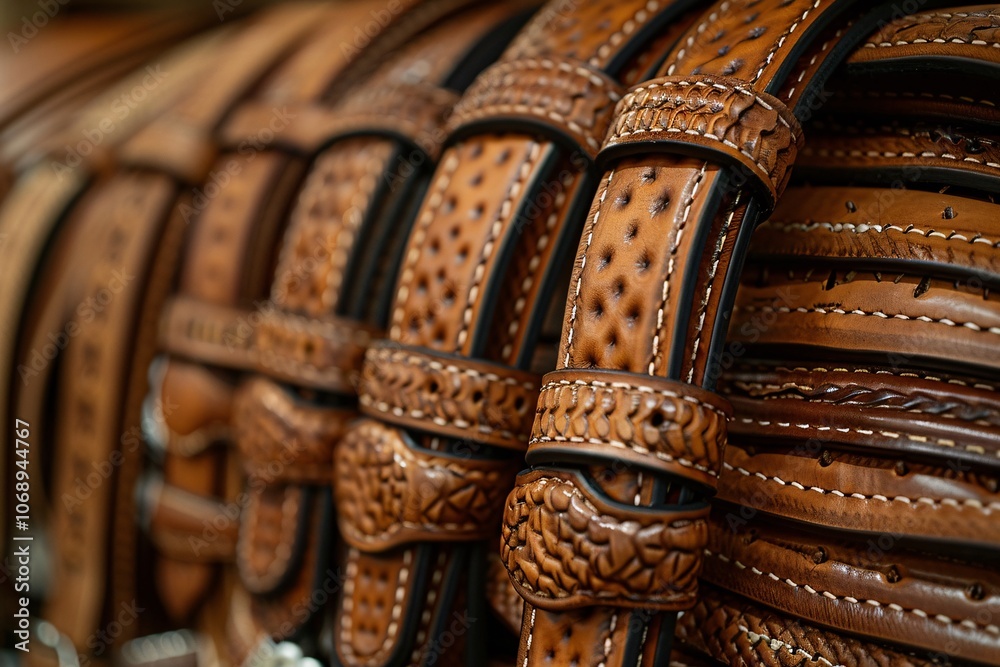 A collection of handcrafted leather belts arranged neatly, highlighting various styles and detailed craftsmanship. The warm tones of the leather create an inviting atmosphere in the market setting A collection of handcrafted leather belts arranged neatly, highlighting various styles and detailed craftsmanship. The warm tones of the leather create an inviting atmosphere in the market setting