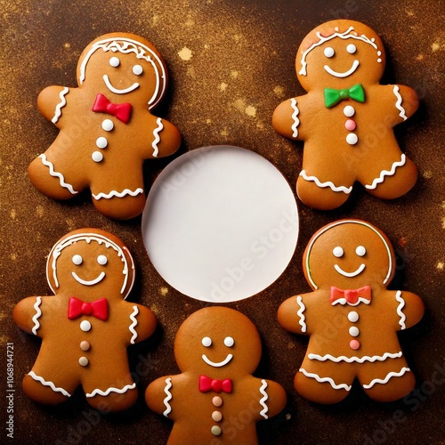 Set of traditional Christmas cookies and gingerbread men all around with empty copy space in between