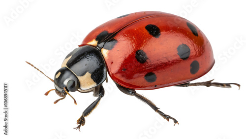 closeup of a red ladybug with black spots isolated on transparent background.