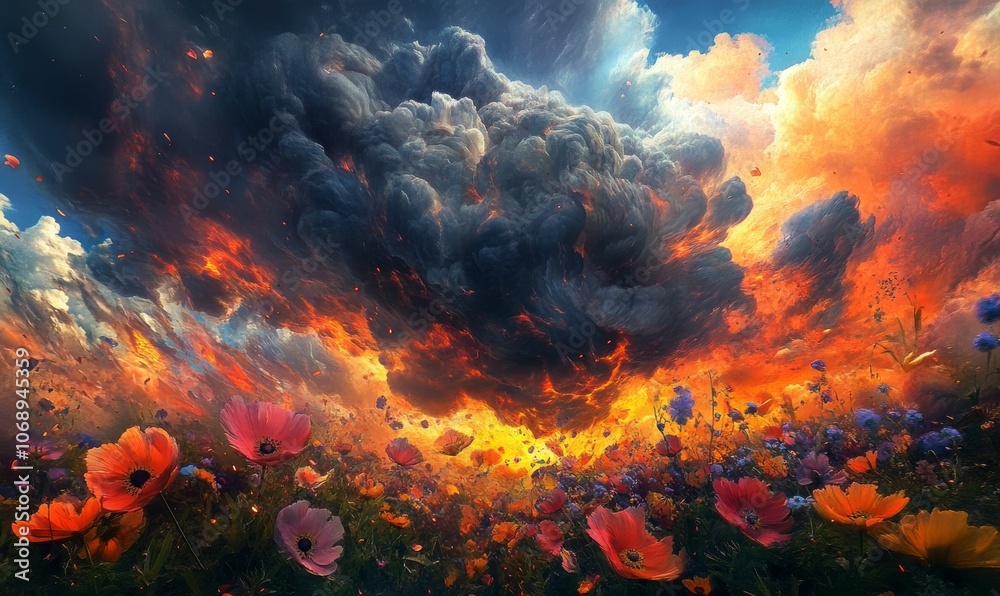 Fiery sky with colorful flowers in a field.
