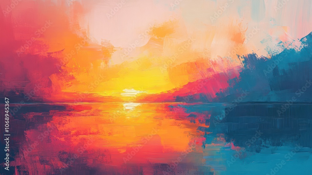 A vibrant abstract painting depicting a fiery sunset over a calm body of water, with the sky reflected in the water. A vibrant abstract painting depicting a fiery sunset over a calm body of water, with the sky reflected in the water.