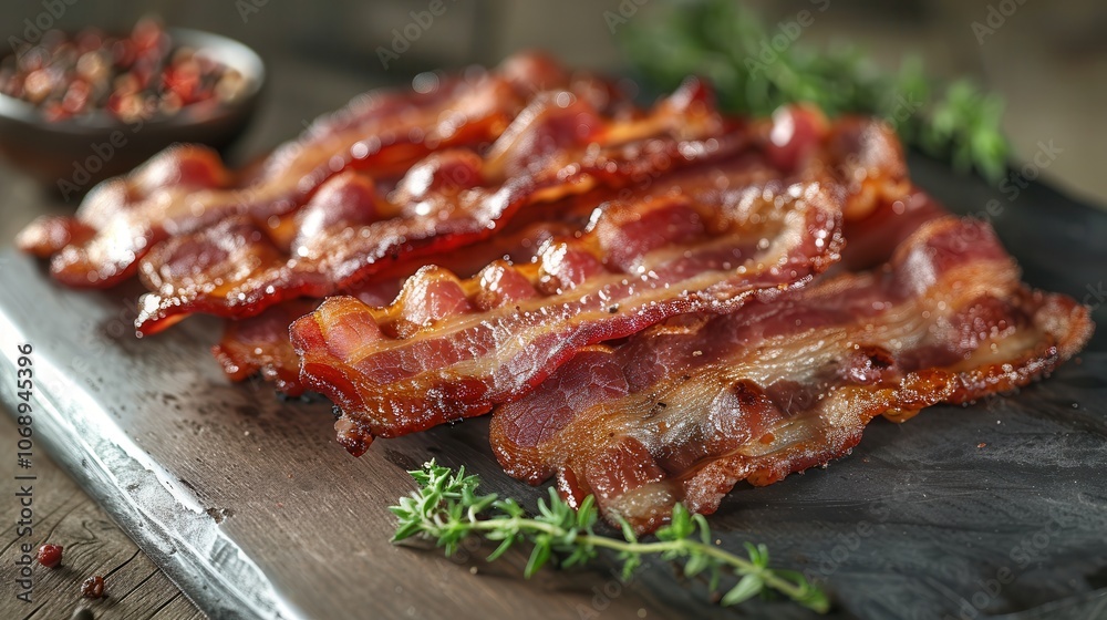 Crispy Bacon Strips on a Rustic Wooden Platter Crispy Bacon Strips on a Rustic Wooden Platter