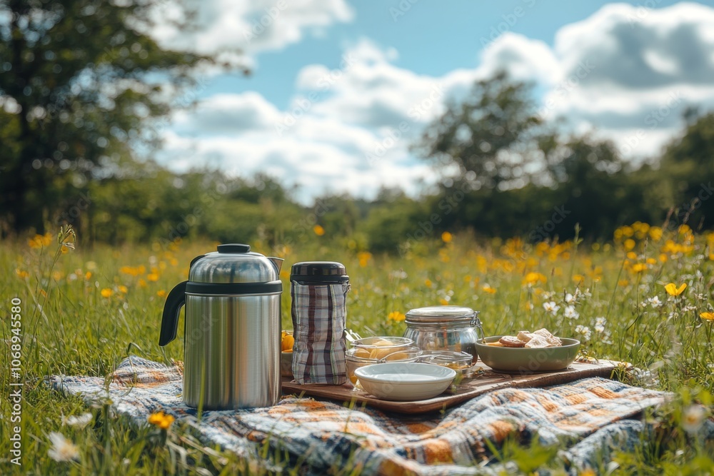Picnic in a Meadow with Thermos Food and Blanket Picnic in a Meadow with Thermos Food and Blanket