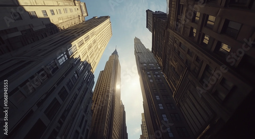business district with tall buildings, seen from a low angle