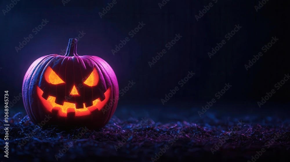 Naklejka premium A glowing jack-o'-lantern with a mischievous expression, set against a dark background, perfect for a Halloween theme.