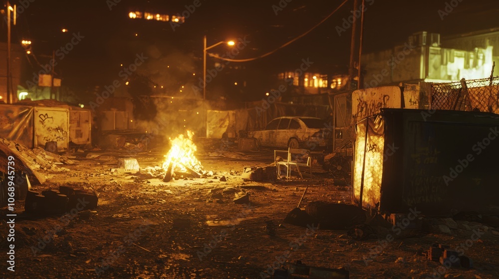 Post-Apocalyptic Dieselpunk Community Gathering Around Gritty Campfire at Night Post-Apocalyptic Dieselpunk Community Gathering Around Gritty Campfire at Night
