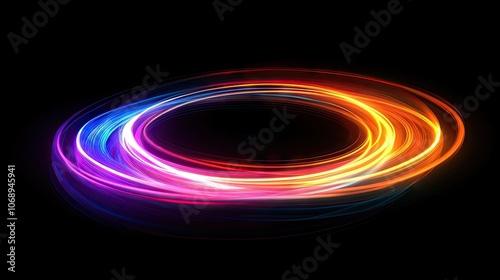 Abstract composition of minimal tech glowing circles, creating a futuristic wheel effect with a blend of colors, perfect for backgrounds, designs, and creative projects. Copy space included.