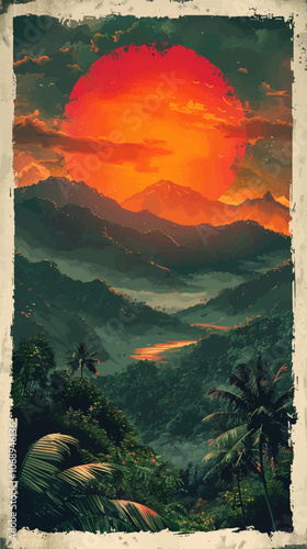 landscape of mountains and lush jungle under a massive red sun, evoking a dramatic, mystical atmosphere. Palm trees and layered peaks 