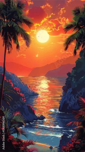 Dramatic tropical sunset scene with a large glowing sun over the ocean, framed by palm trees and lush vegetation. The vibrant red and orange sky reflects on the water