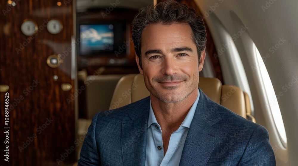 Professional Smile, relaxed atmosphere, elegant private jet interior, confident business attire, ambient lighting Professional Smile, relaxed atmosphere, elegant private jet interior, confident business attire, ambient lighting