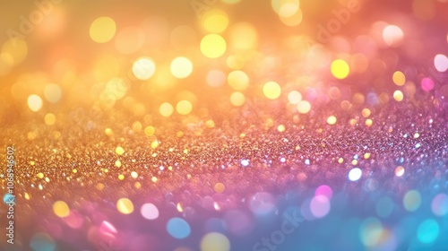 Colorful blurred background with a gold glitter texture creates a vibrant atmosphere, offering ample copy space for text and enhancing visual appeal with its sparkling design.