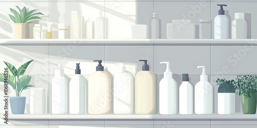 An open shelf showcases white bottles designed for liquid soap, shower gel, bath foam, detergent, and various other household hygiene items and products.