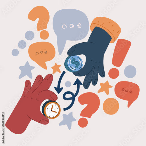 Cartoon vector illustration of people exchanging time for money, symbolized by hands holding a coin and a clock