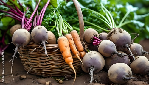 Explore the vibrant world of freshly harvested root vegetables in a rustic basket gathering nutritional goodness for your meals photo