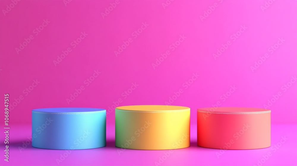 Vibrant cylindrical podiums in blue, yellow, and red stand out against a bold pink background, creating a playful and eye-catching display for product presentation. Vibrant cylindrical podiums in blue, yellow, and red stand out against a bold pink background, creating a playful and eye-catching display for product presentation.