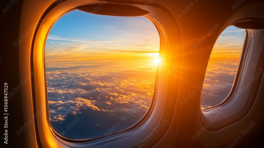 Sunrise Horizon, airplane window view, golden sky, fluffy clouds, serene travel scene, warm sunlight, peaceful journey Sunrise Horizon, airplane window view, golden sky, fluffy clouds, serene travel scene, warm sunlight, peaceful journey