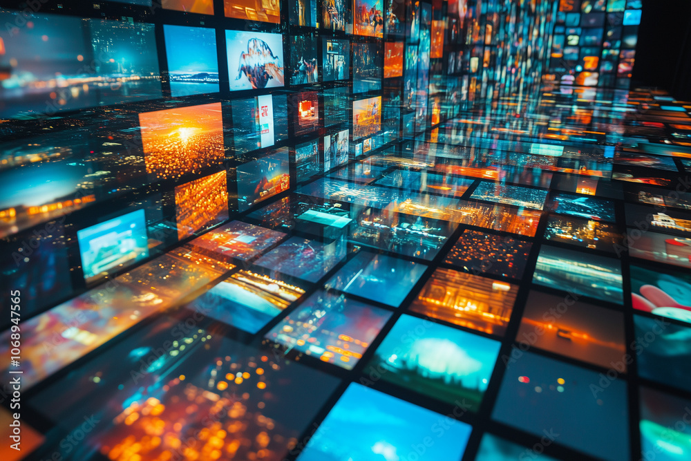 A large grid of vibrant video screens displays a variety of images —Dominated by hues of blue, orange, and teal, mosaic, reflective - screen, streaming content concept - monitors, wall and floor A large grid of vibrant video screens displays a variety of images —Dominated by hues of blue, orange, and teal, mosaic, reflective - screen, streaming content concept - monitors, wall and floor